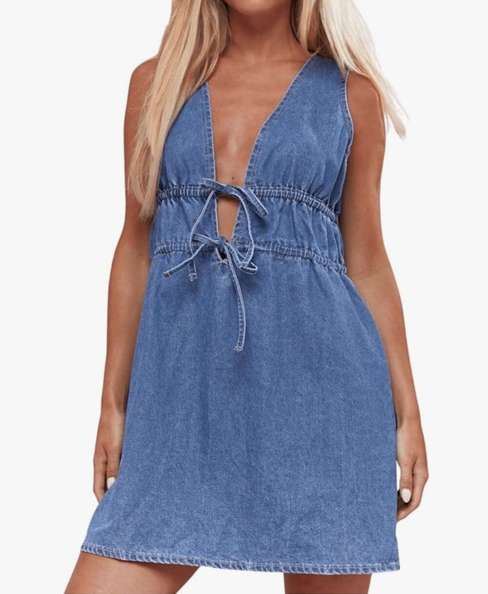 NWT MISSGUIDED Bow Detail Plunge Neck Denim Size M